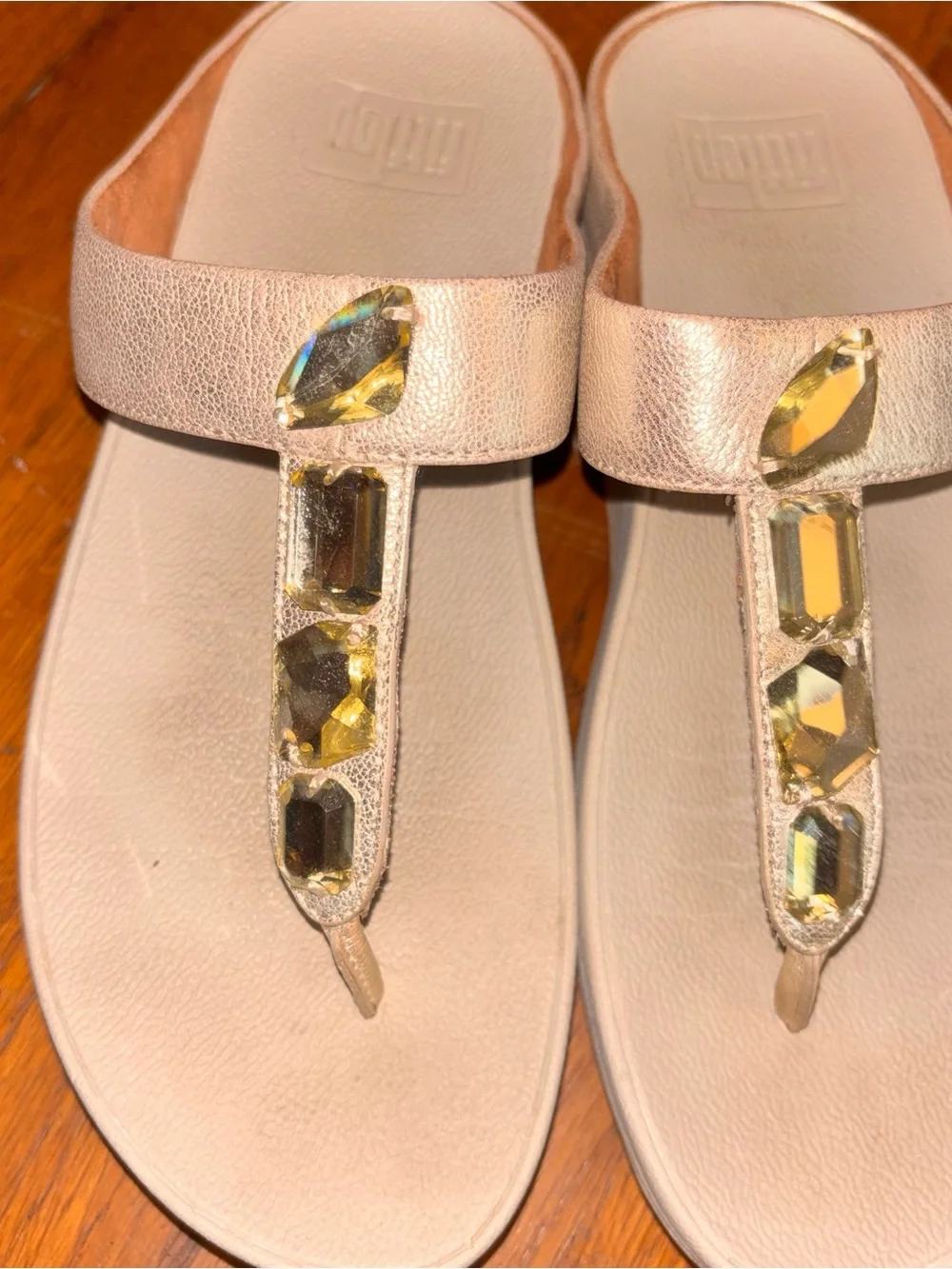 Fitflop Women's 6 Embellished T-strap Sandals in Champagne orthotic, comfort